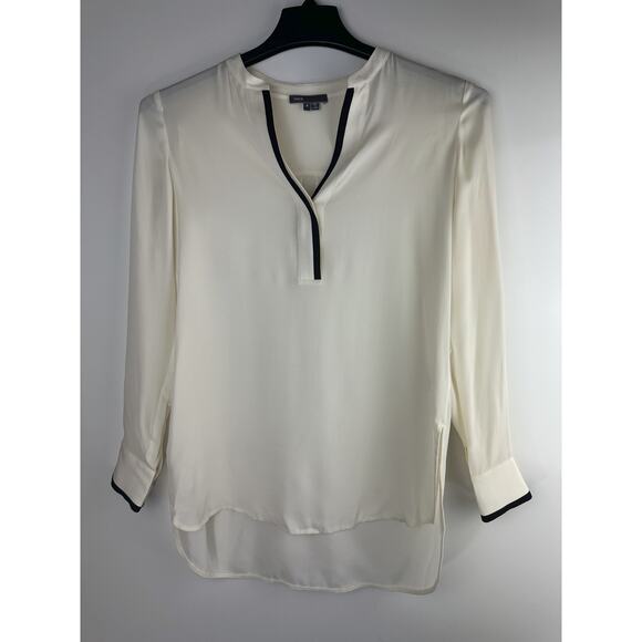 Vince Tipped Contrast 100% Silk Blouse Tan Size 4 Office Quiet Luxury Minimalist - Picture 10 of 12